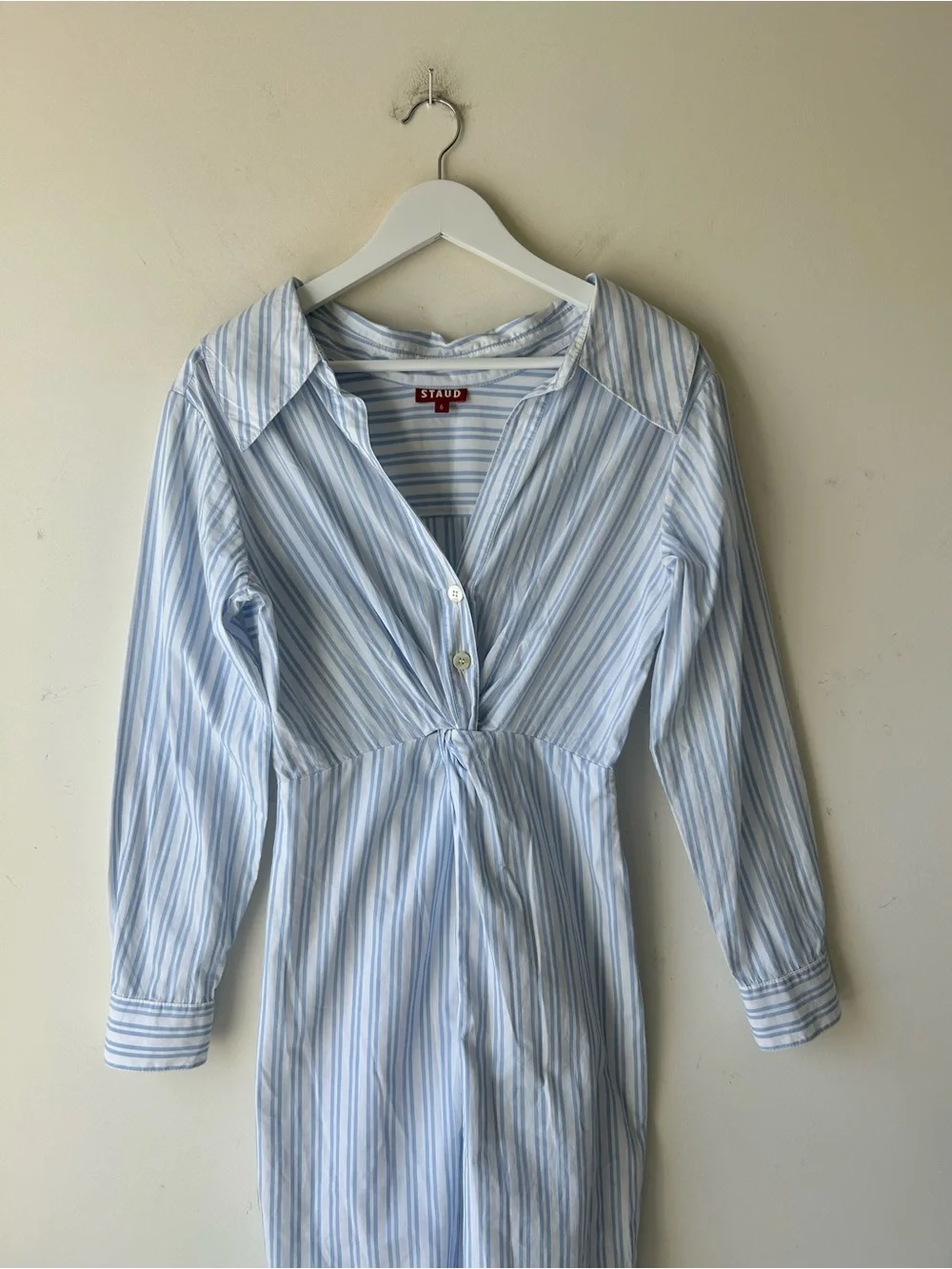 Staud Clea Twisted-Waist Midi Shirtdress Size 6 Blue White Striped Cotton zip - Picture 4 of 16